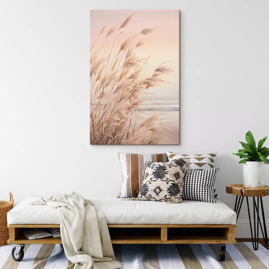 Pilt Pastelloranžide toonidega pampasrohi, heleroosa taevas, rahulik maastik s45934