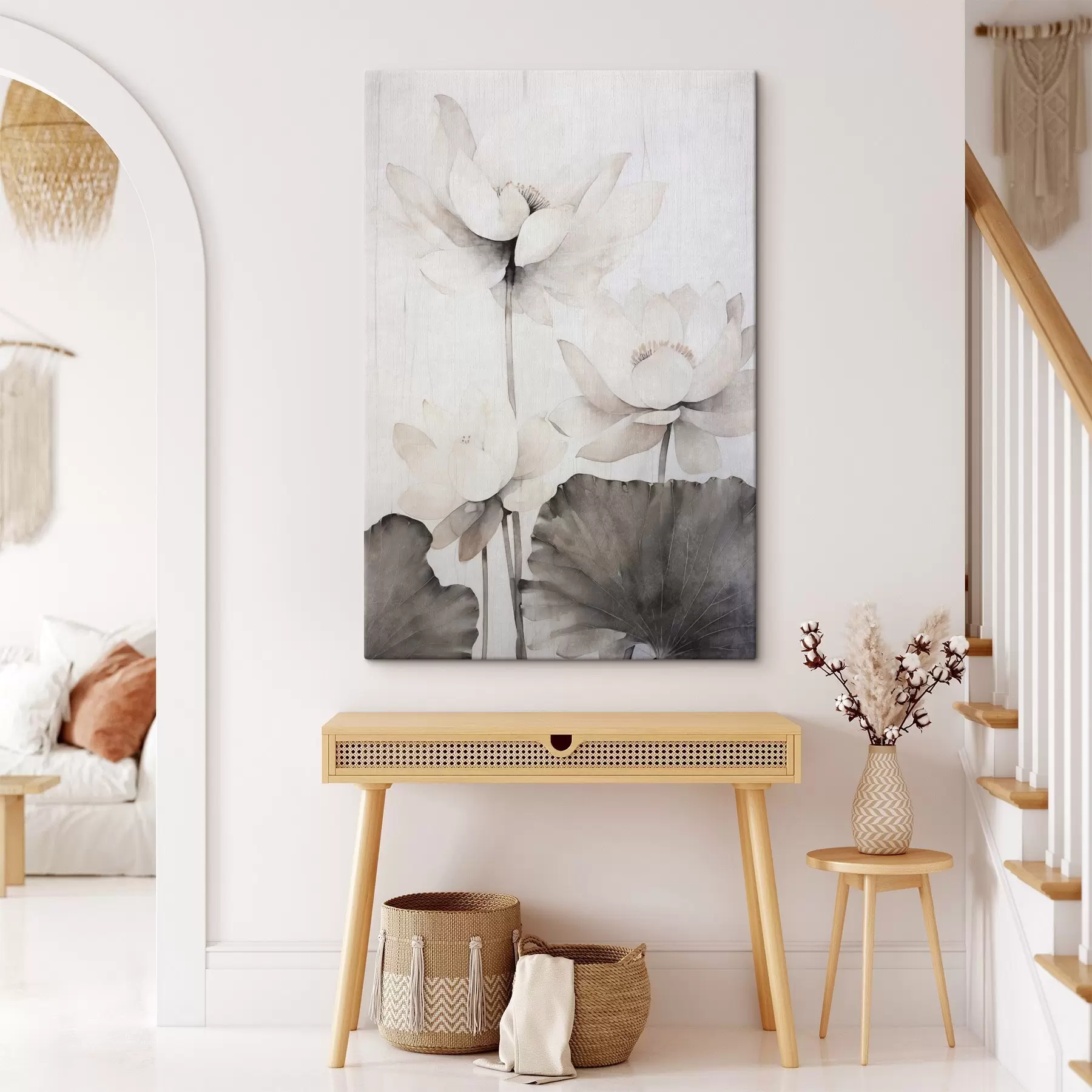 Pilt Valged tekstuuriga lootoseõied tumedate lehtedega, hele taust, minimalistlik disain s45936