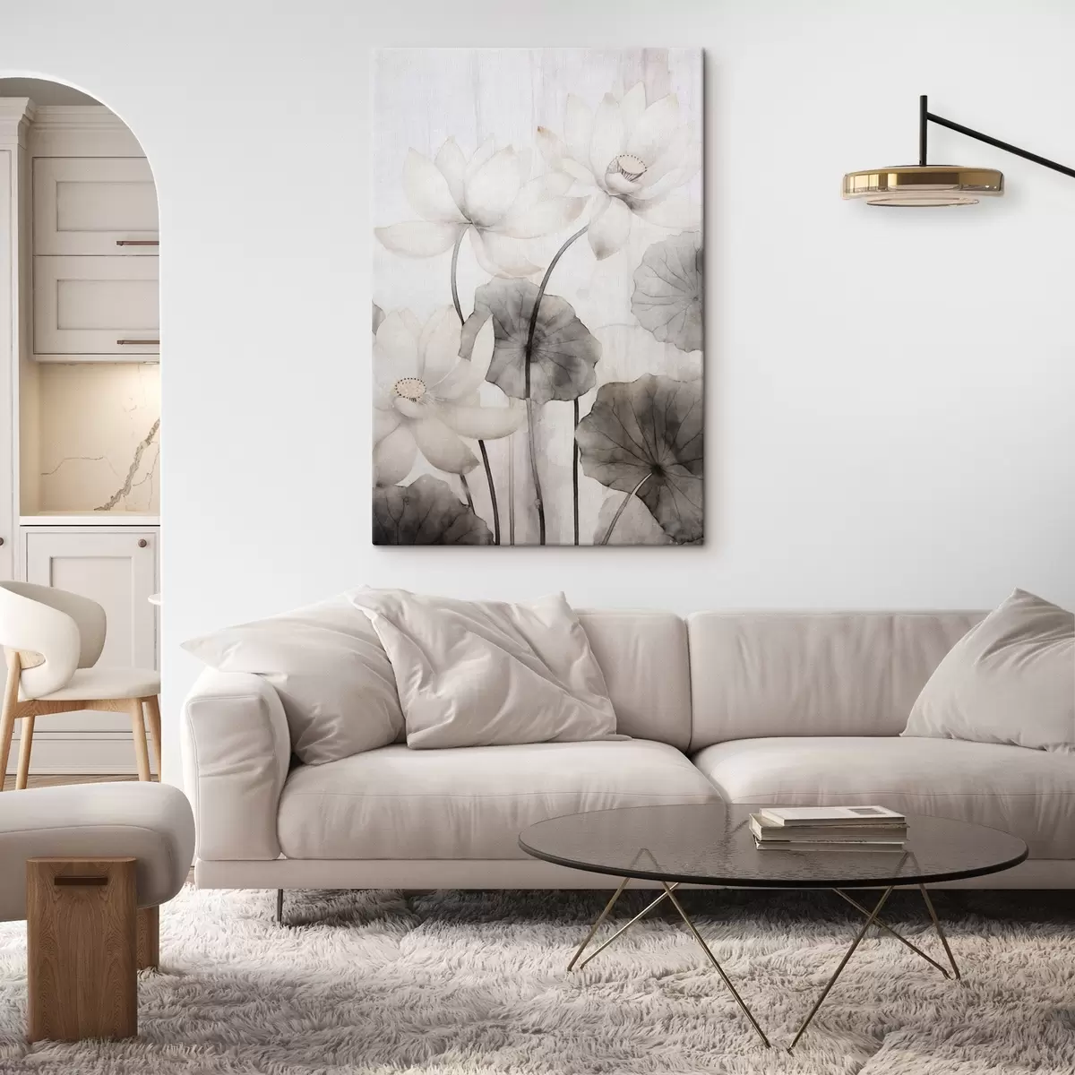 Pilt Valged tekstuuriga lootoseõied tumedate lehtedega, hele taust, minimalistlik disain s45937