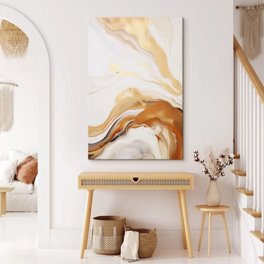 Pilt Abstraktne maal, mis imiteerib voolavaid kujundeid valge, oranži ja pruuni toonides, minimalistlik s45938