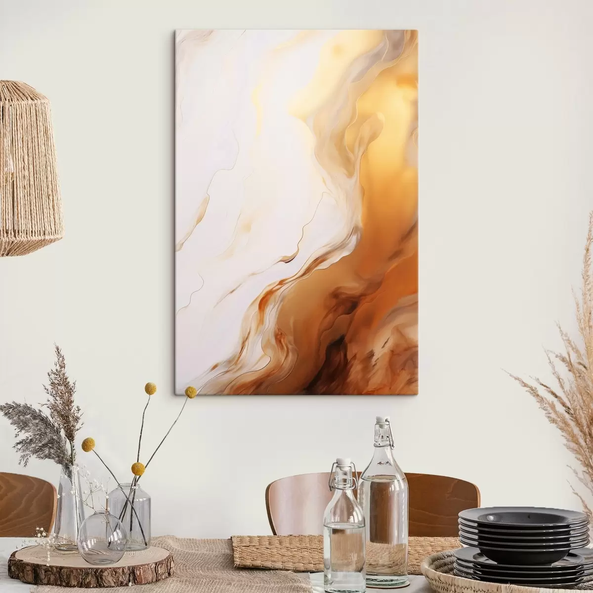 Pilt Abstraktne maal, imitatsioon valge ja oranži värvidega, voolav kunst laineliste joontega, modernne kunst s45939