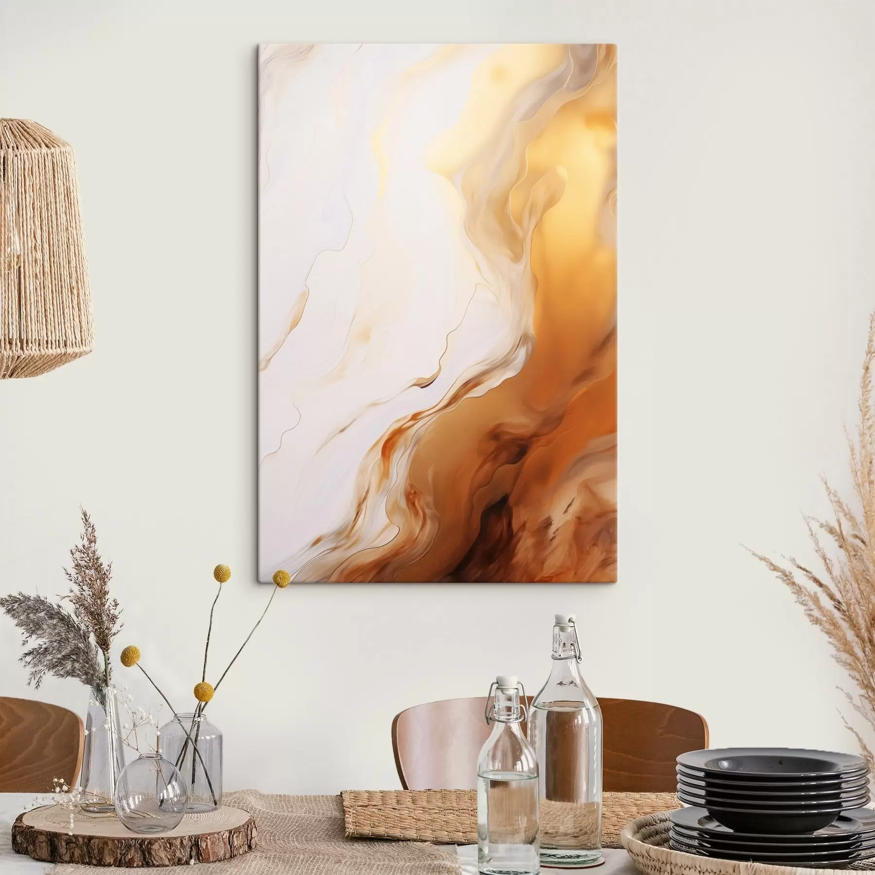 Pilt Abstraktne maal, imitatsioon valge ja oranži värvidega, voolav kunst laineliste joontega, modernne kunst s45939