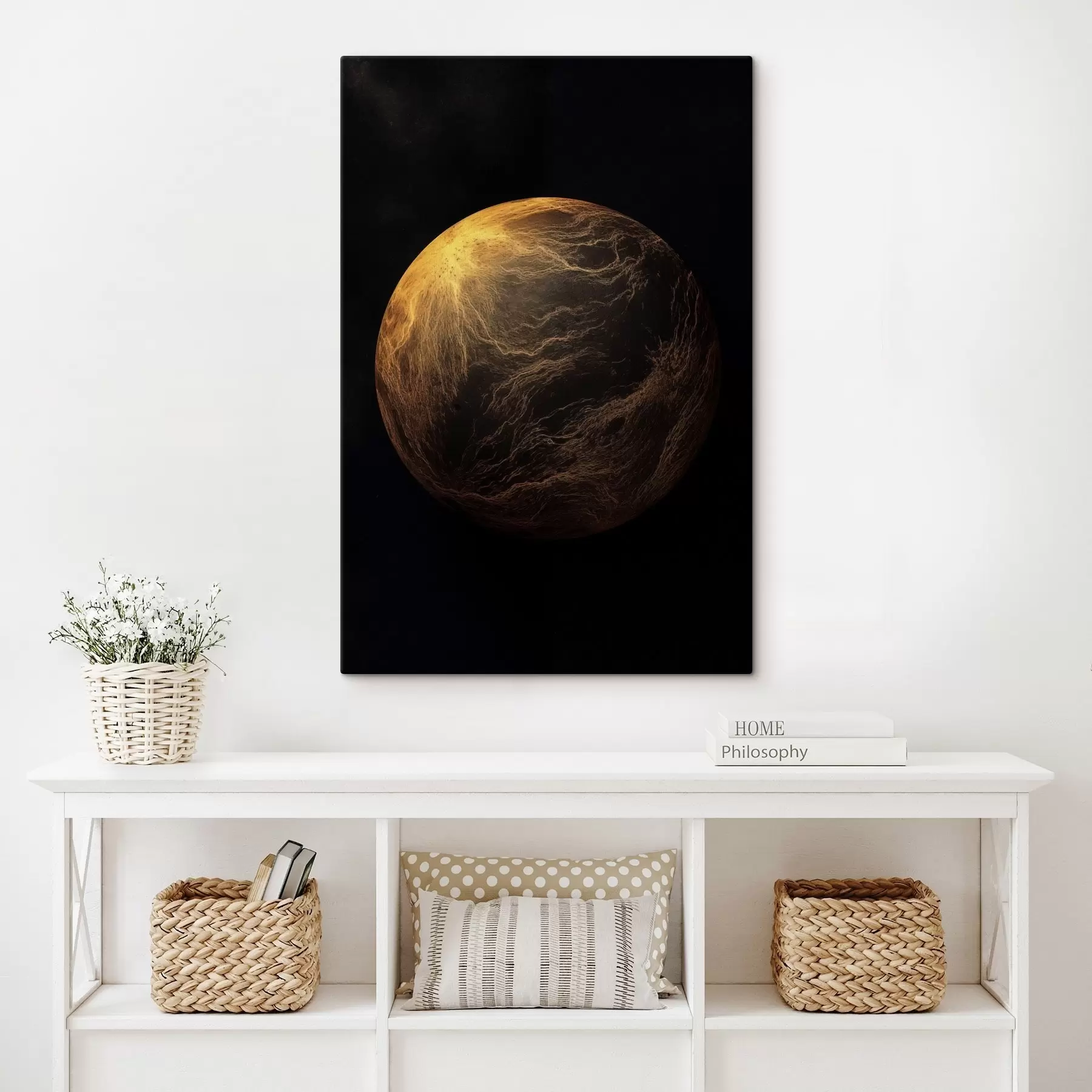 Pilt Abstraktne planeet oranžide veenidega mustal kosmosetausta taustal, modernne minimalistlik kunst s45943