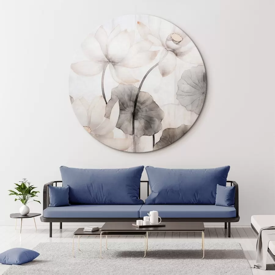 Pilt Valged tekstuuriga lootoseõied tumedate lehtedega, hele taust, minimalistlik disain r45937