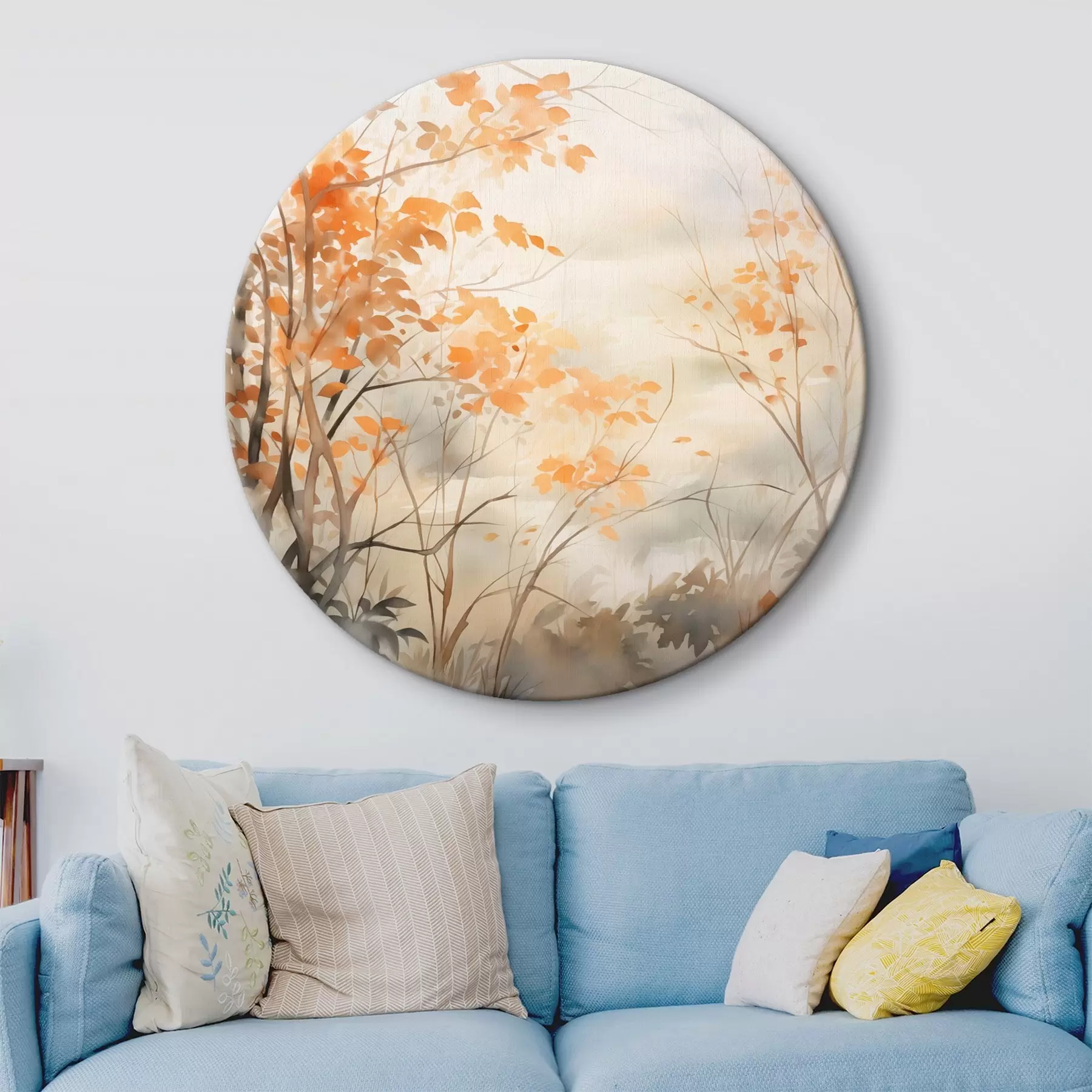 Pilt Sügisepuud oranžide lehtede ja okstega, pehme akvarellistiil, õrnad pintslitõmbed r45941