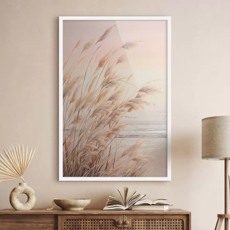 Fototapeedid Pastelloranžide toonidega pampasrohi, heleroosa taevas, rahulik maastik f45934