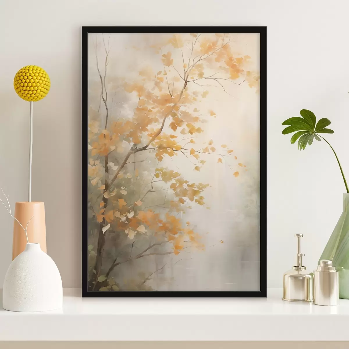 Plakat Sügisene puuoksad oranžide lehtedega metsas pehme valguses f45940