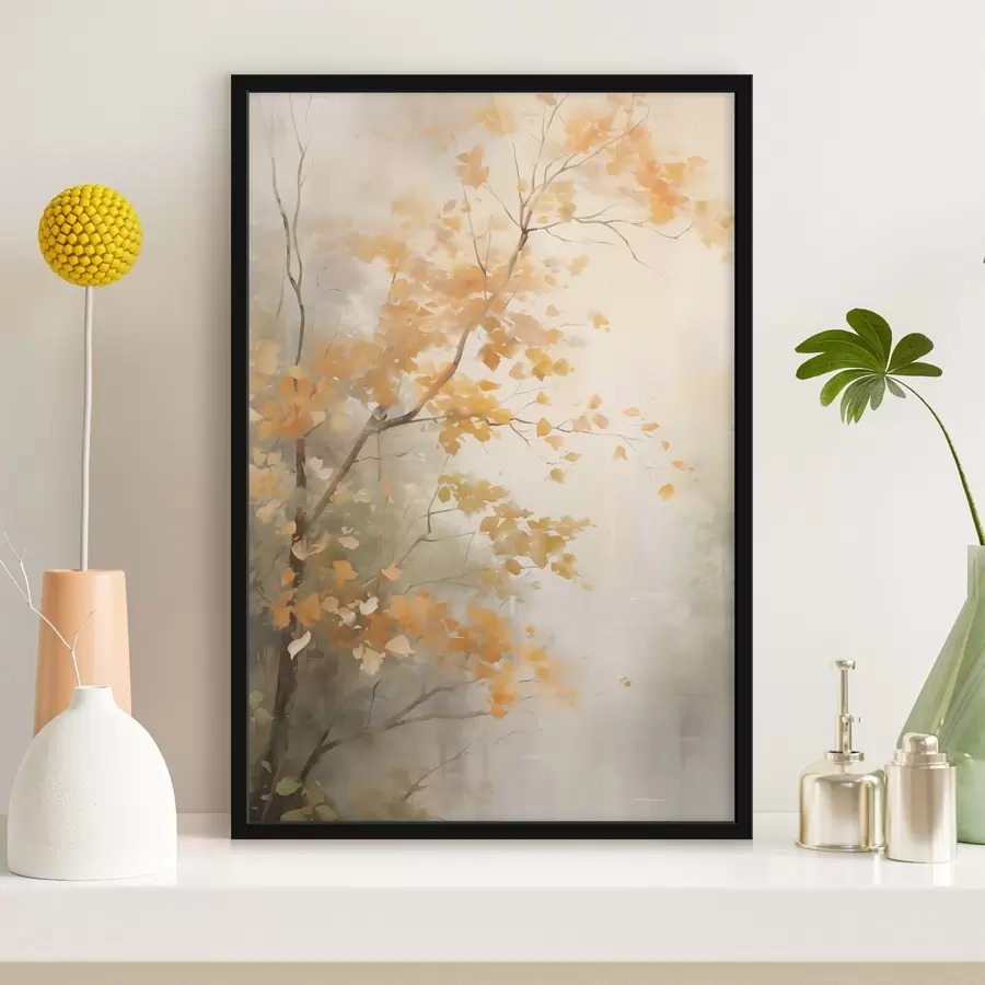 Fototapeedid Sügisene puuoksad oranžide lehtedega metsas pehme valguses f45940