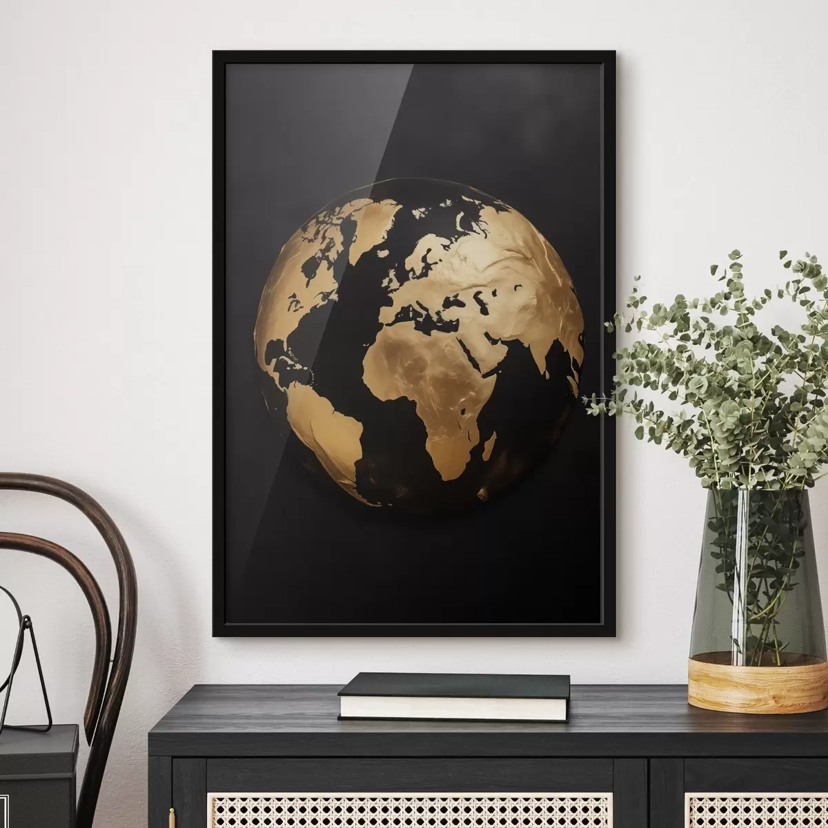 Plakat Kollane tekstuuriga abstraktne maakera, planeet mustal taustal, modernne minimalistlik kunst f45942