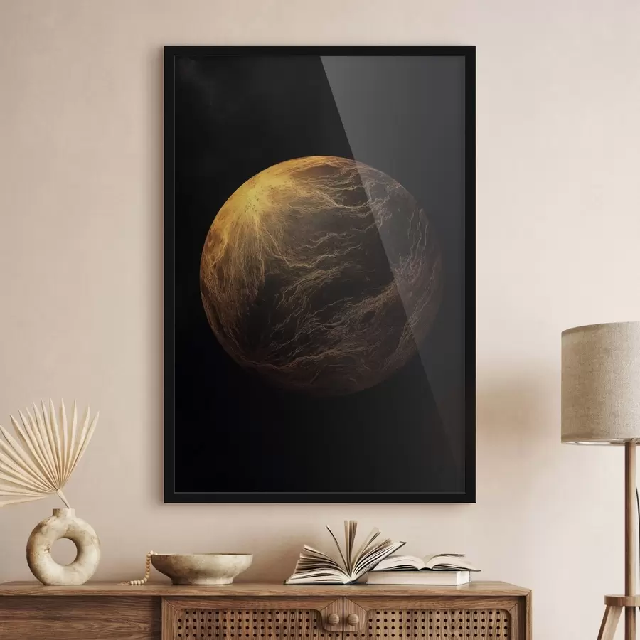 Fototapeedid Abstraktne planeet oranžide veenidega mustal kosmosetausta taustal, modernne minimalistlik kunst f45943