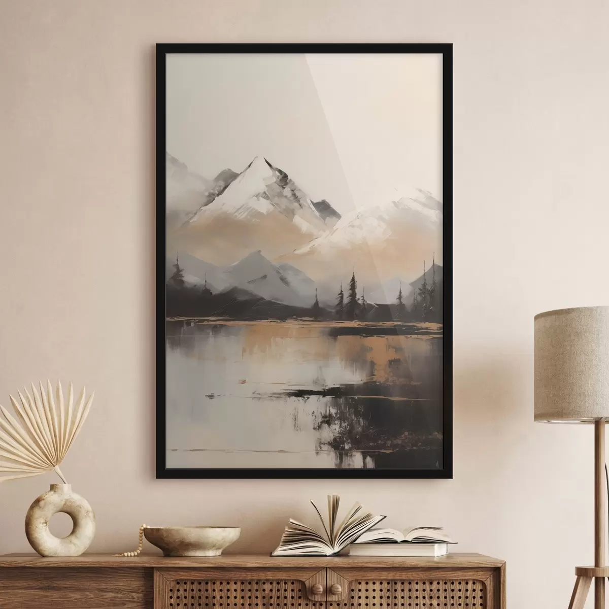 Plakat Lumised tekstuuriga mäed mõne puuga järve ees f45951