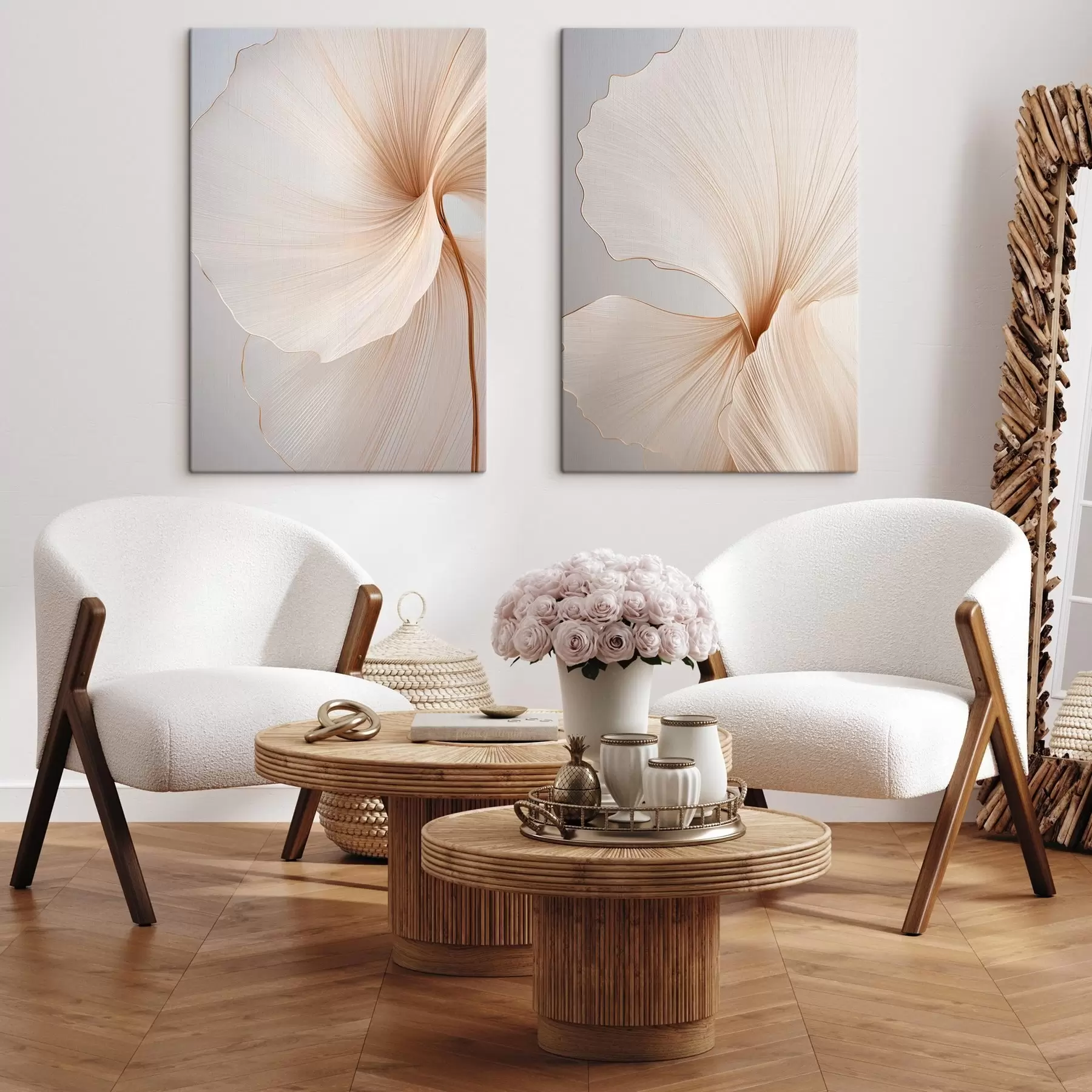 Pilt Abstraktsed lilled õhukeste, õrnade kroonlehtedega valge ja beeži toonides m00817