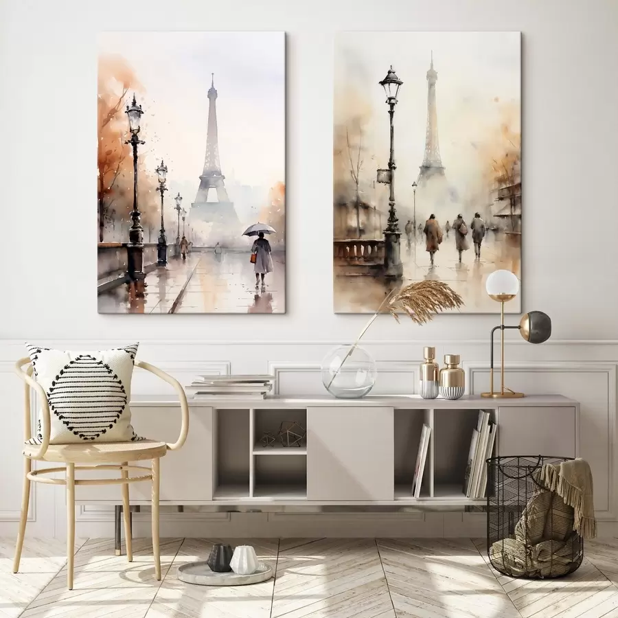 Pilt Vihmane sügispäev Pariisis, taustal Eiffeli torn ja vanaaegsed tänavavalgustid m00821