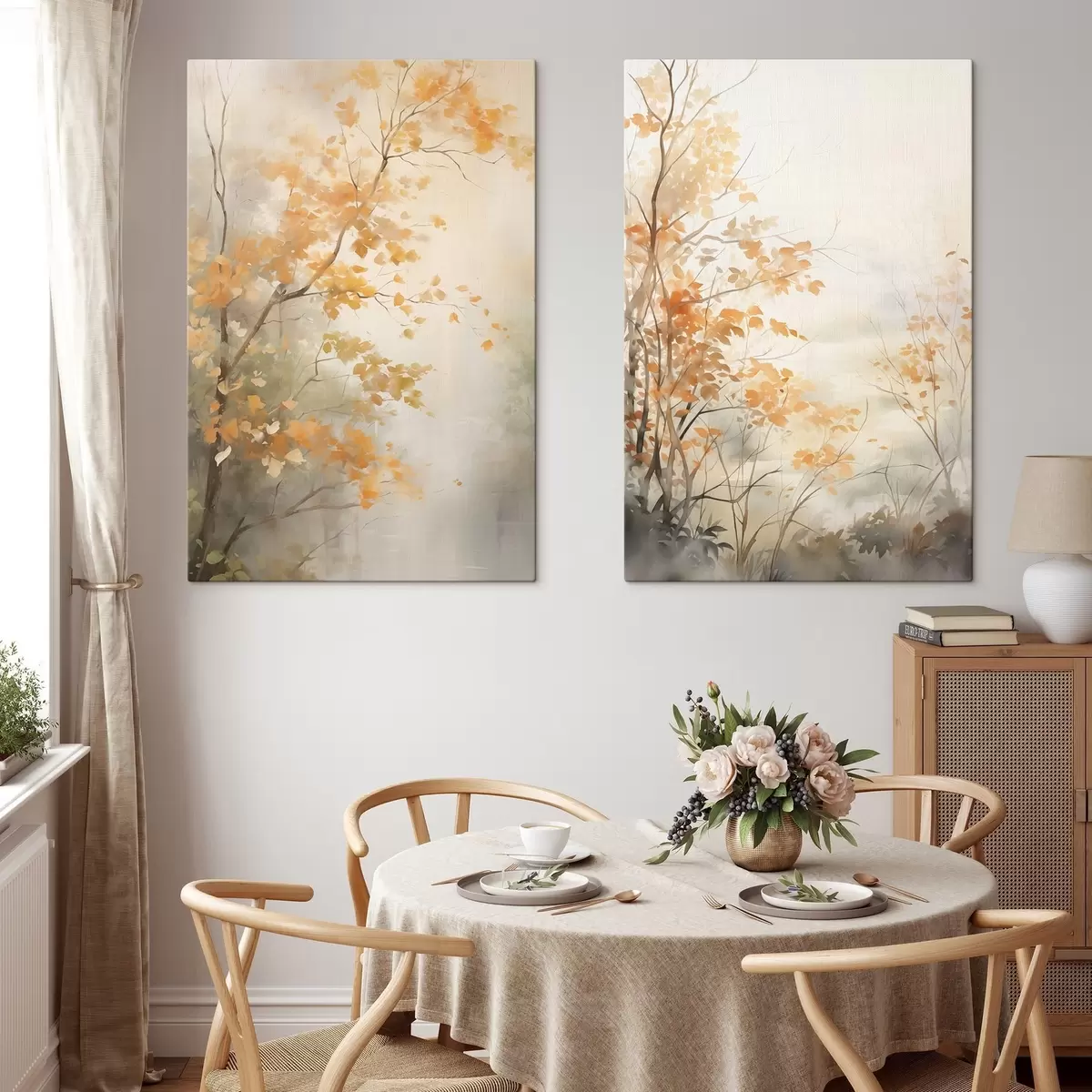 Pilt Sügisepuud oranžide lehtede ja okstega, pehme akvarellistiil, õrnad pintslitõmbed m00826