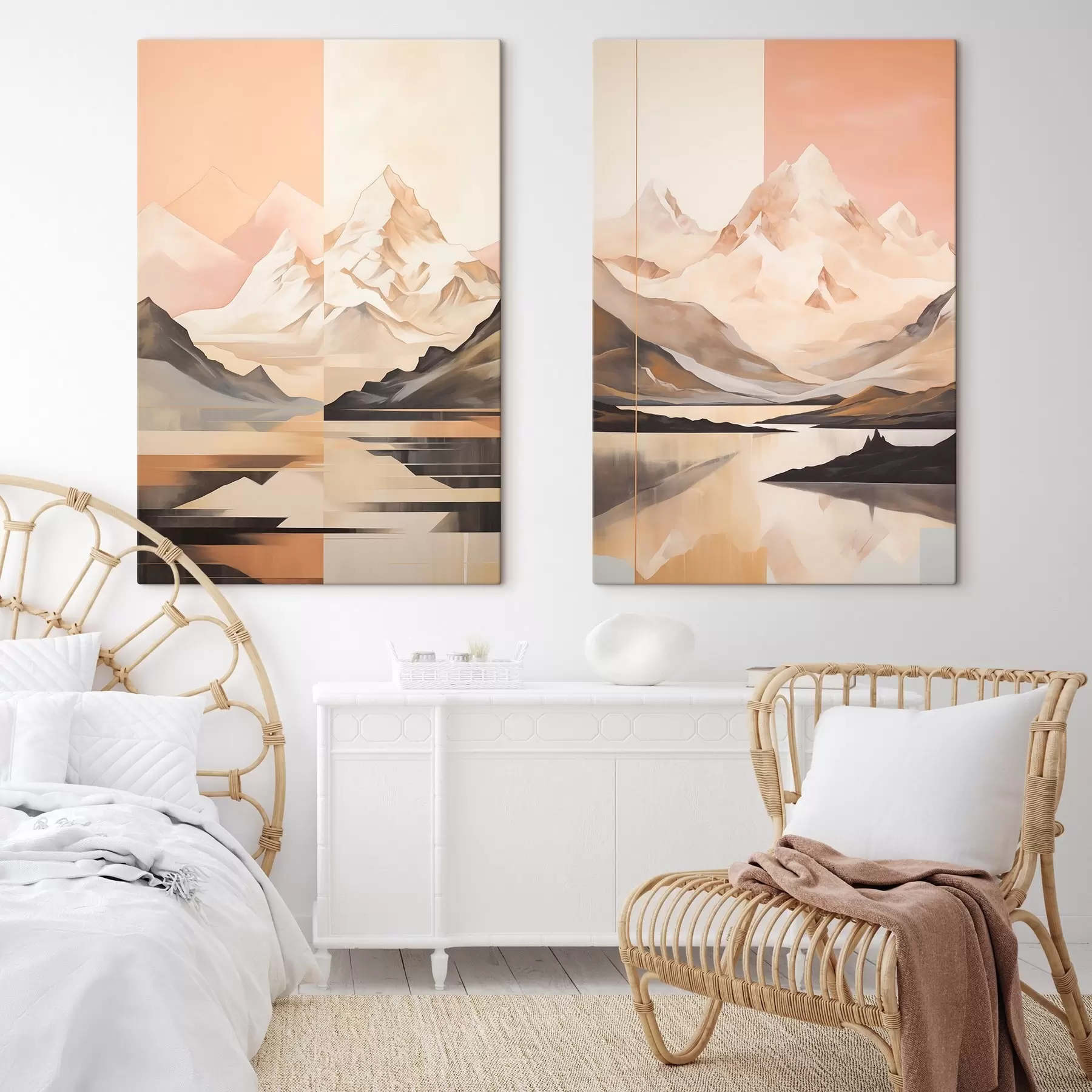 Pilt Abstraktne maastik mägedega ja järvega, pastelltoonid, minimalistlik stiil m00830