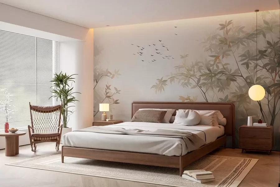 Fototapeedid Tekstuuriga maastik puude ja taevas lendava linnuparvega, pastellvärvid, loodusvaade  w09418