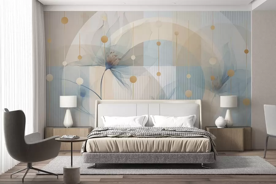 Fototapeedid Abstraktsed läbipaistvad lilled, ringid ja geomeetrilised kujundid, pastellsinine, beež ja valge värvipalett w09419