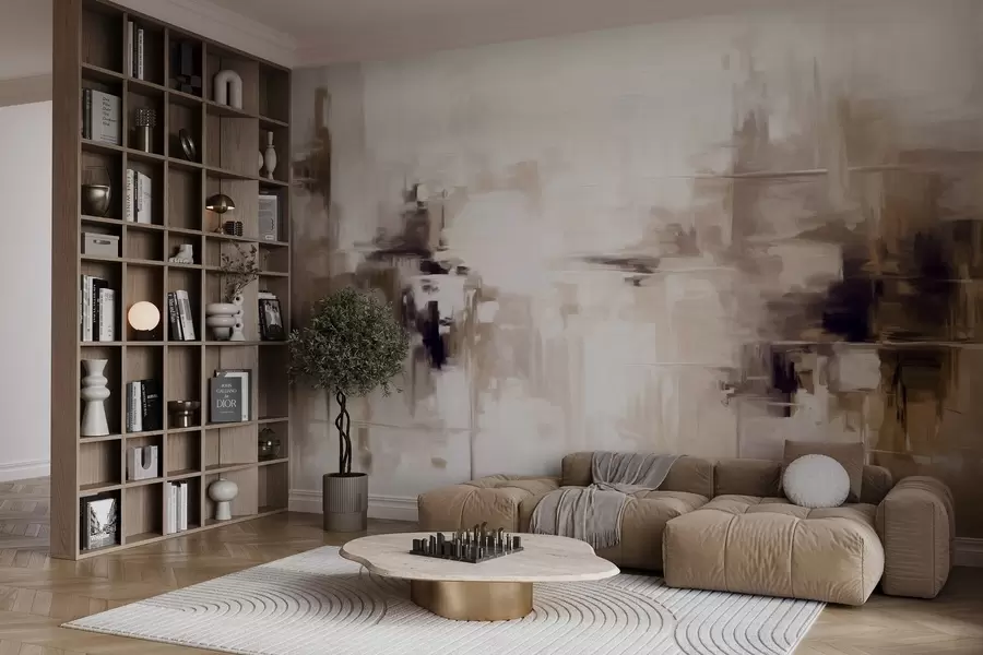 Fototapeedid Abstraktne tekstuuriga maastikumaali imitatsioon pruunide ja valgetega pintslitõmmetega, modernne stiil w09422v1