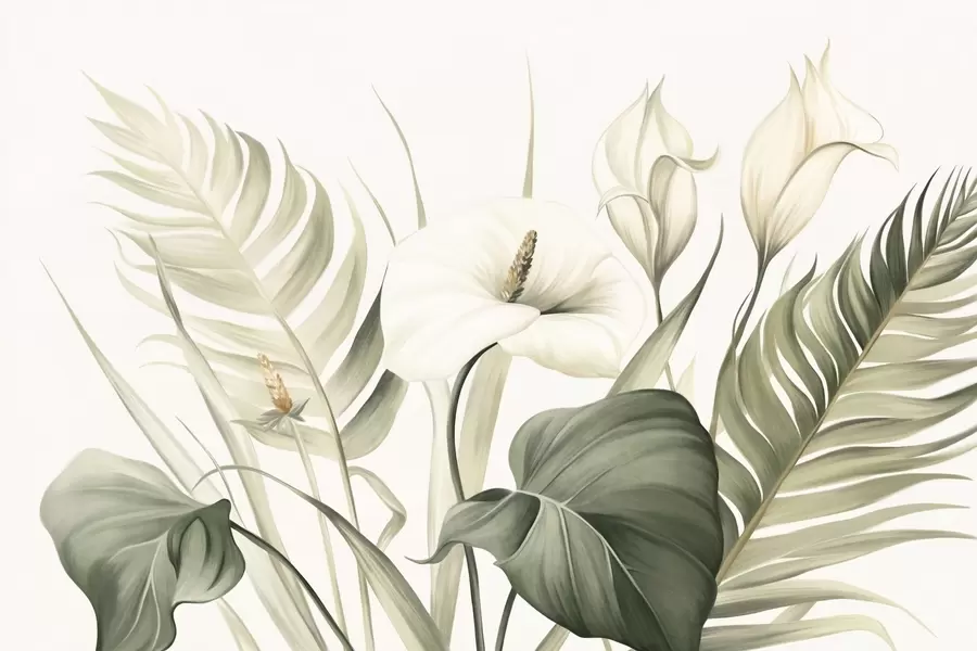 Fototapeedid Valged kala liljad ja rohelised troopilised lehed, botaaniline illustratsioon, hele taust, vintage stiil, tekstuuriga w09423