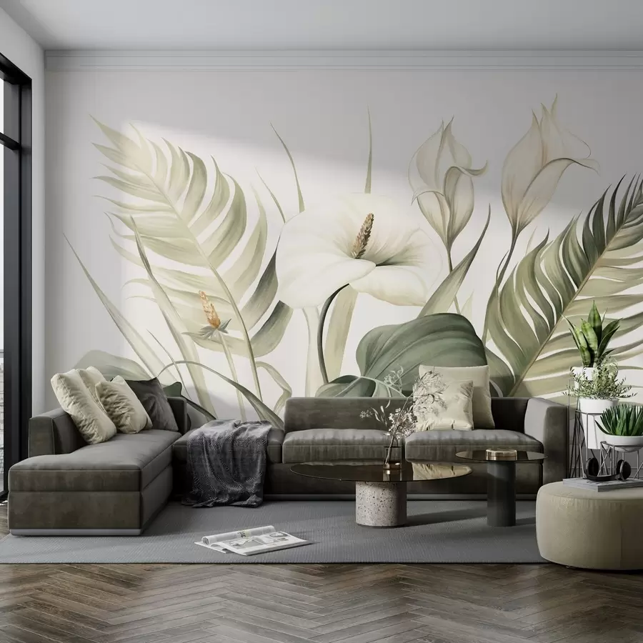 Fototapeedid Valged kala liljad ja rohelised troopilised lehed, botaaniline illustratsioon, hele taust, vintage stiil, tekstuuriga w09423