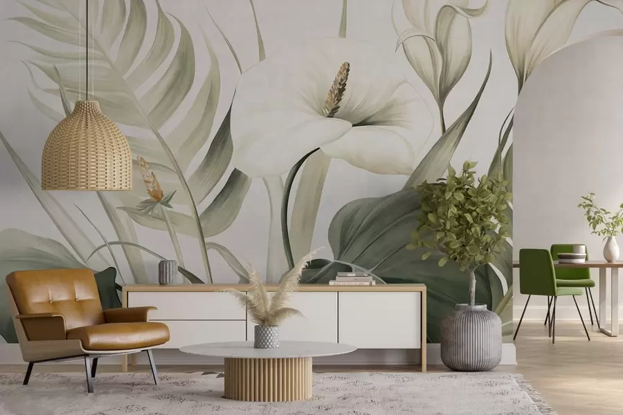 Fototapeedid Valged kala liljad ja rohelised troopilised lehed, botaaniline illustratsioon, hele taust, vintage stiil, tekstuuriga w09423