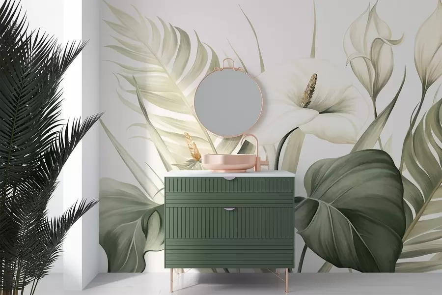 Fototapeedid Valged kala liljad ja rohelised troopilised lehed, botaaniline illustratsioon, hele taust, vintage stiil, tekstuuriga w09423