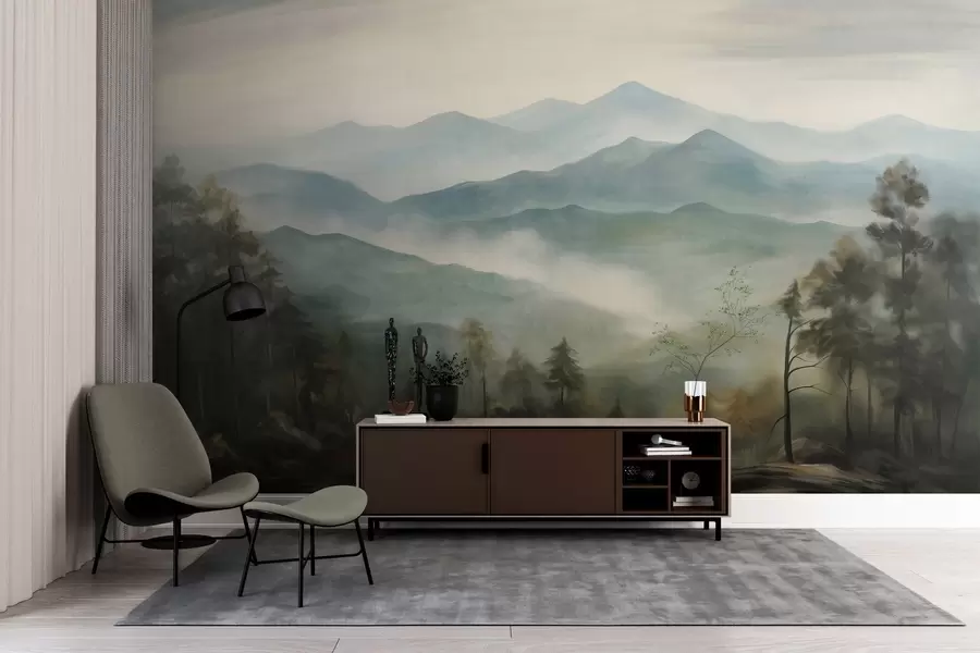 Fototapeedid Uduvihmane mäestik puude, udu, pilvise taeva, summutatud värvide ja maastikumaali stiiliga w09424