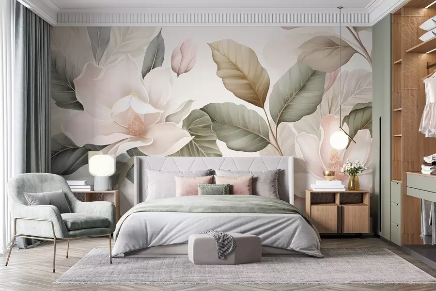 Fototapeedid Magnolia õied pastellvärvides lehtedega, valged, roosad ja rohelised, pehmed, õrnad, akvarellistiilis w09427