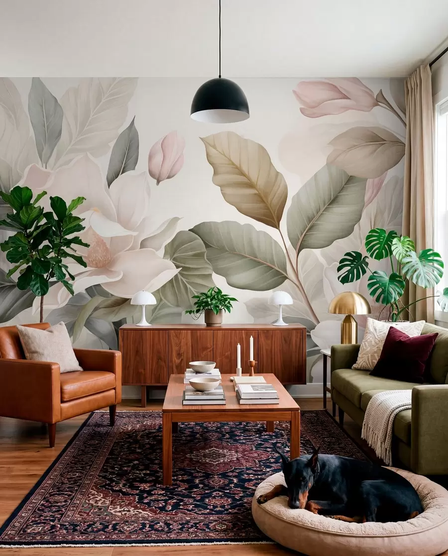Fototapeedid Magnolia õied pastellvärvides lehtedega, valged, roosad ja rohelised, pehmed, õrnad, akvarellistiilis w09427