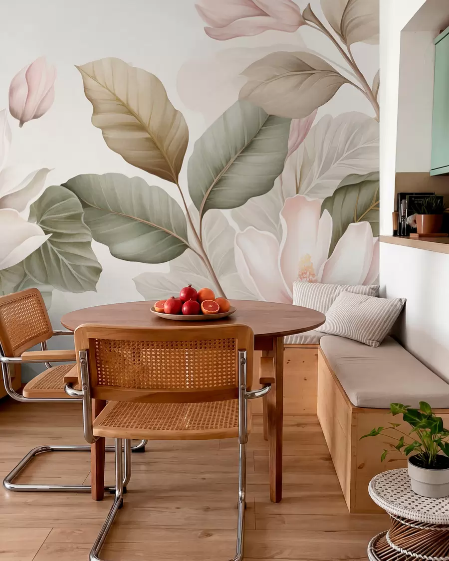 Fototapeedid Magnolia õied pastellvärvides lehtedega, valged, roosad ja rohelised, pehmed, õrnad, akvarellistiilis w09427
