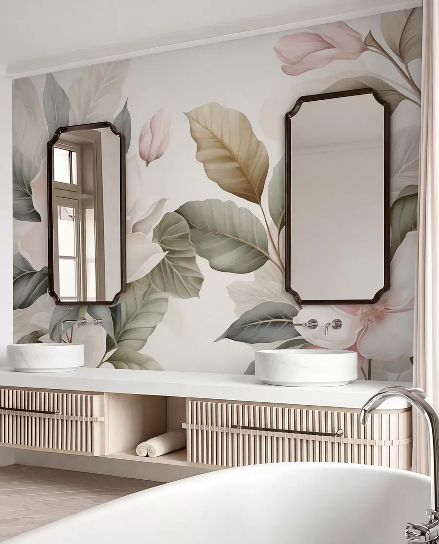 Fototapeedid Magnolia õied pastellvärvides lehtedega, valged, roosad ja rohelised, pehmed, õrnad, akvarellistiilis w09427