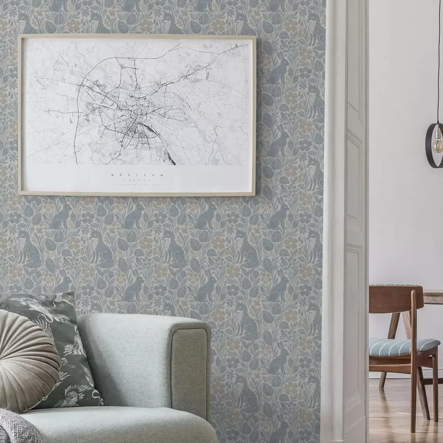 Fototapeedid Metsloomad ja lilled: rebane ja jänes sinistes toonides a00613