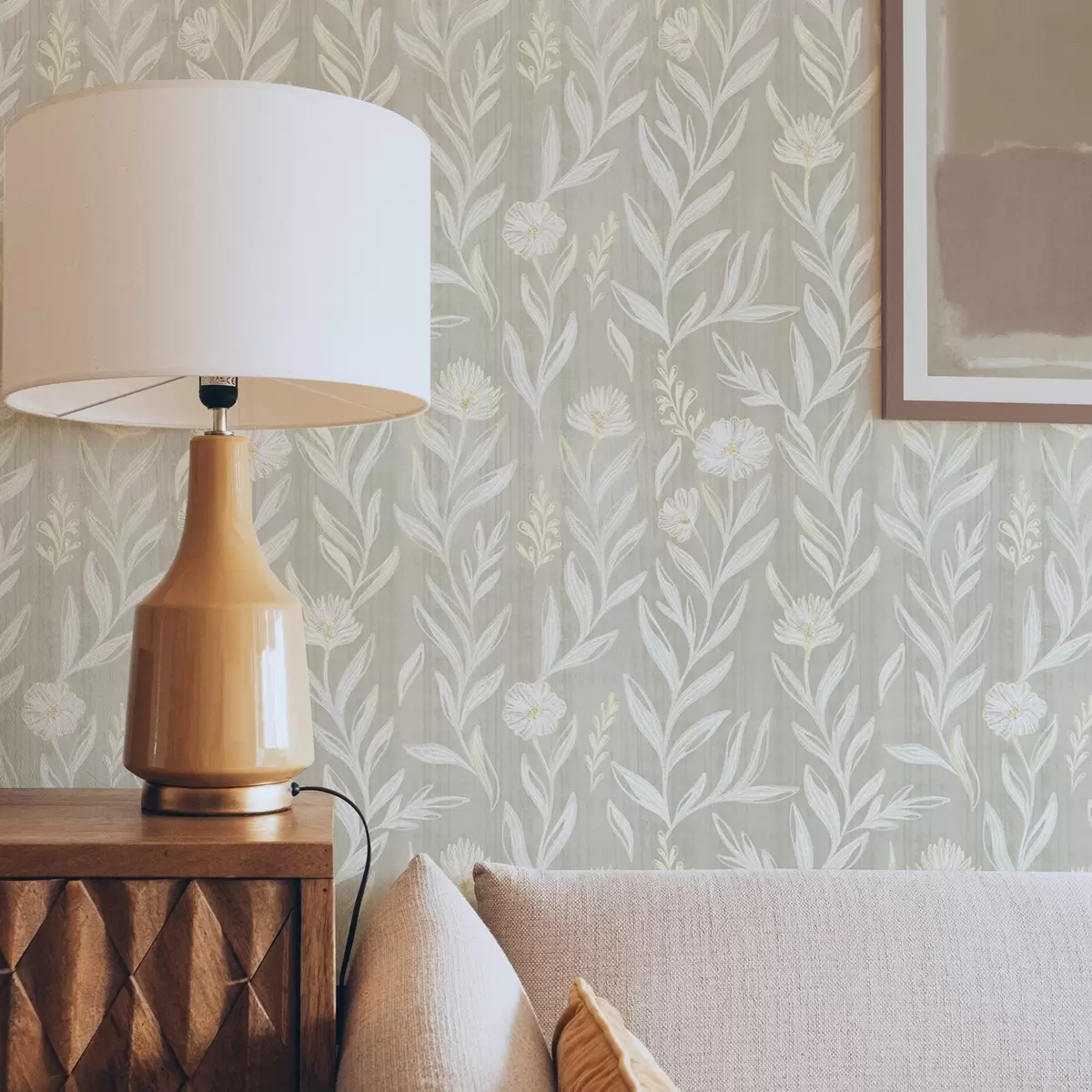 Tapeet Hele rohi ja lilled beežil taustal, skitsilised jooned a00618