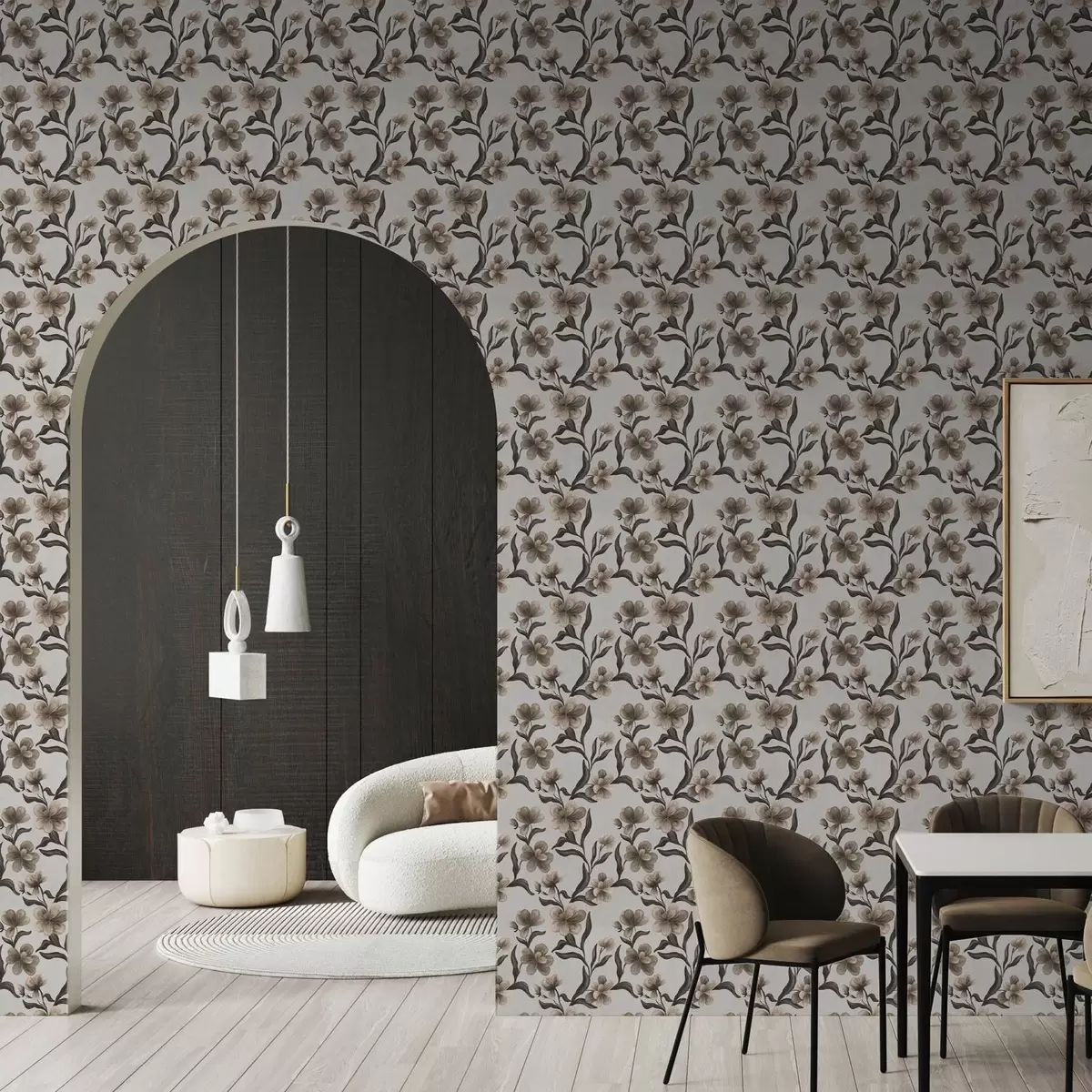 Tapeet Beežid lilled ja tumedad oksad helerohelisel taustal a00626v1