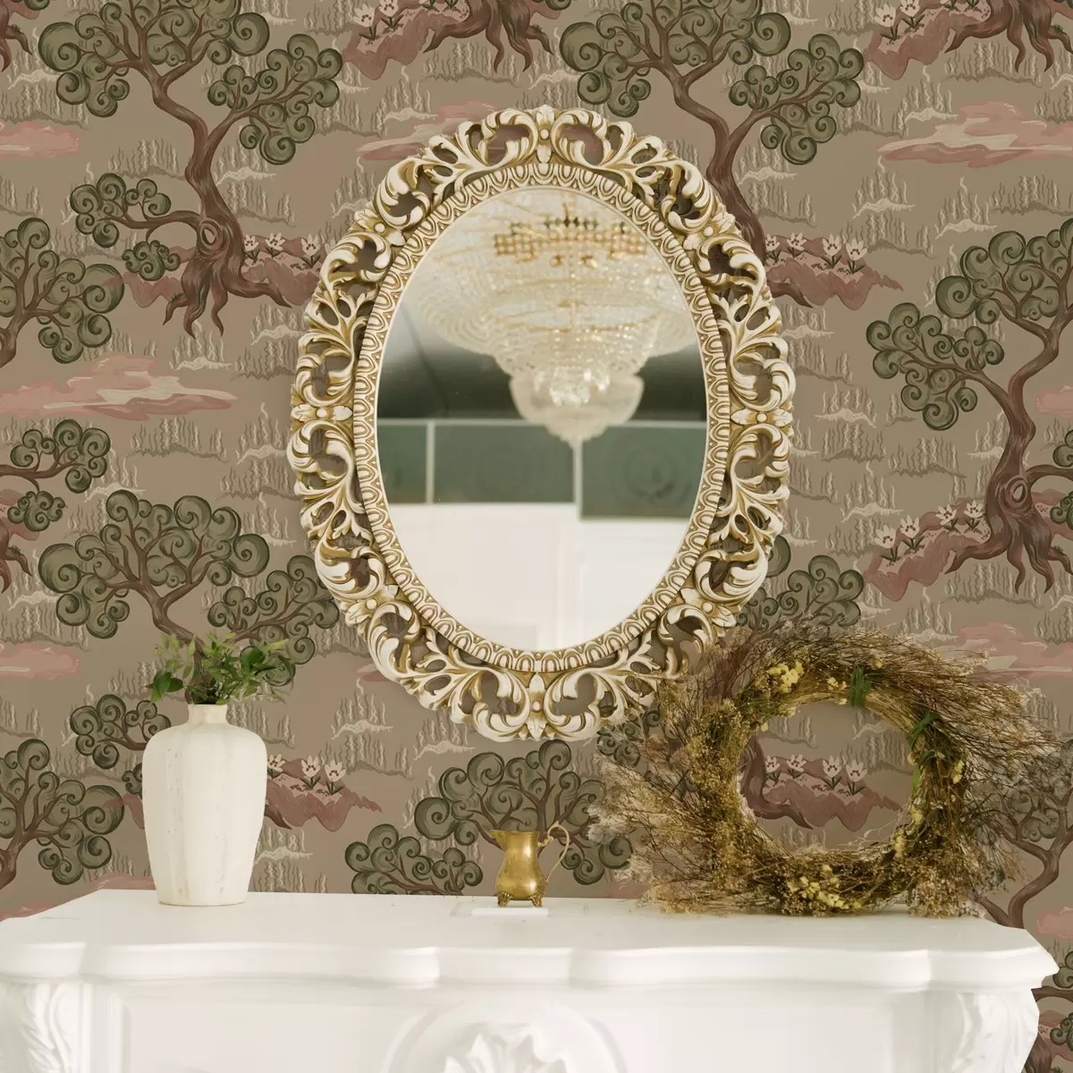 Tapeet Ida maastik kummaliste puudega liivsel taustal a00715