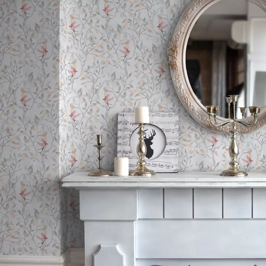 Fototapeedid Kerged oksad lehtede ja lindudega virsiku toonides a00716