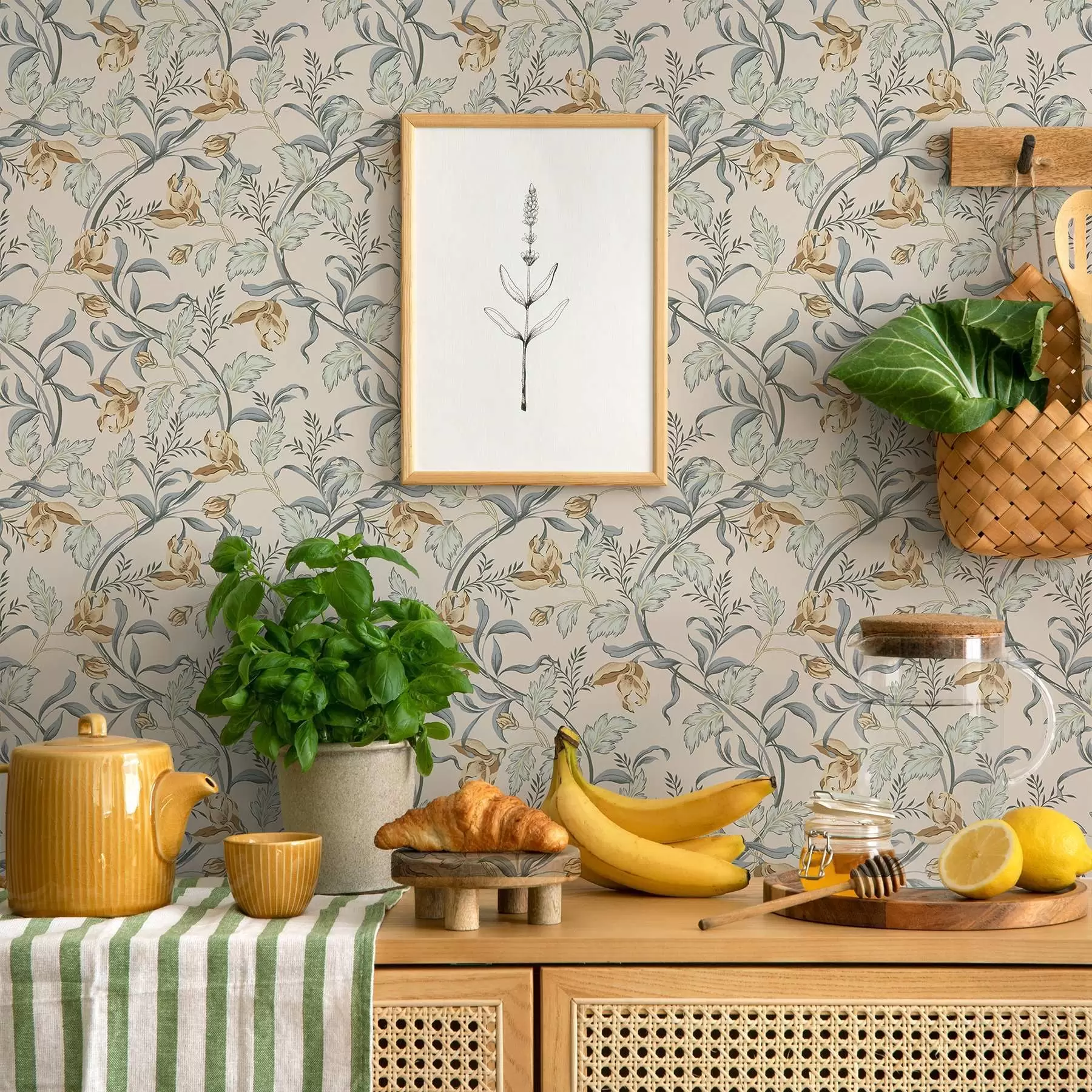 Fototapeedid Vintage lilled sinise lehega kreemika taustal a00717