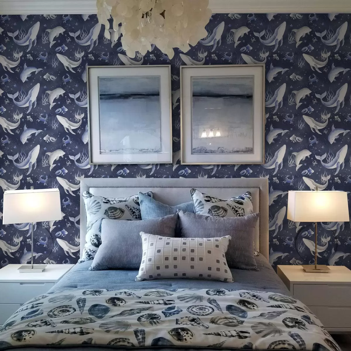 Tapeet Merevaalad, delfiinid ja krabid tumesinisel taustal a00720