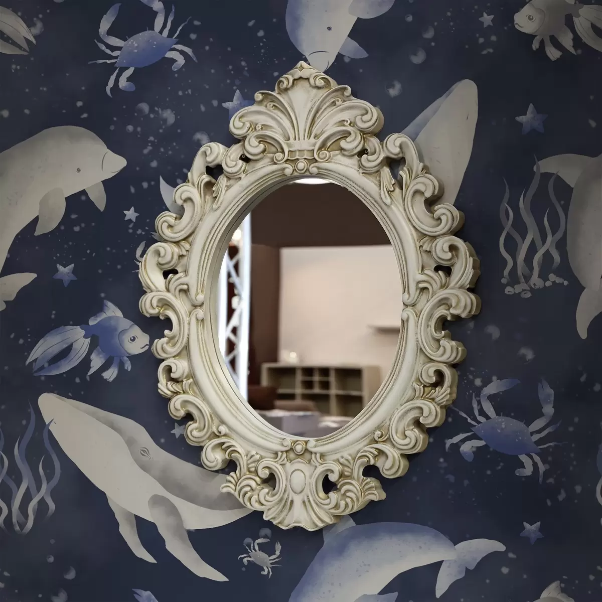 Tapeet Merevaalad, delfiinid ja krabid tumesinisel taustal a00720