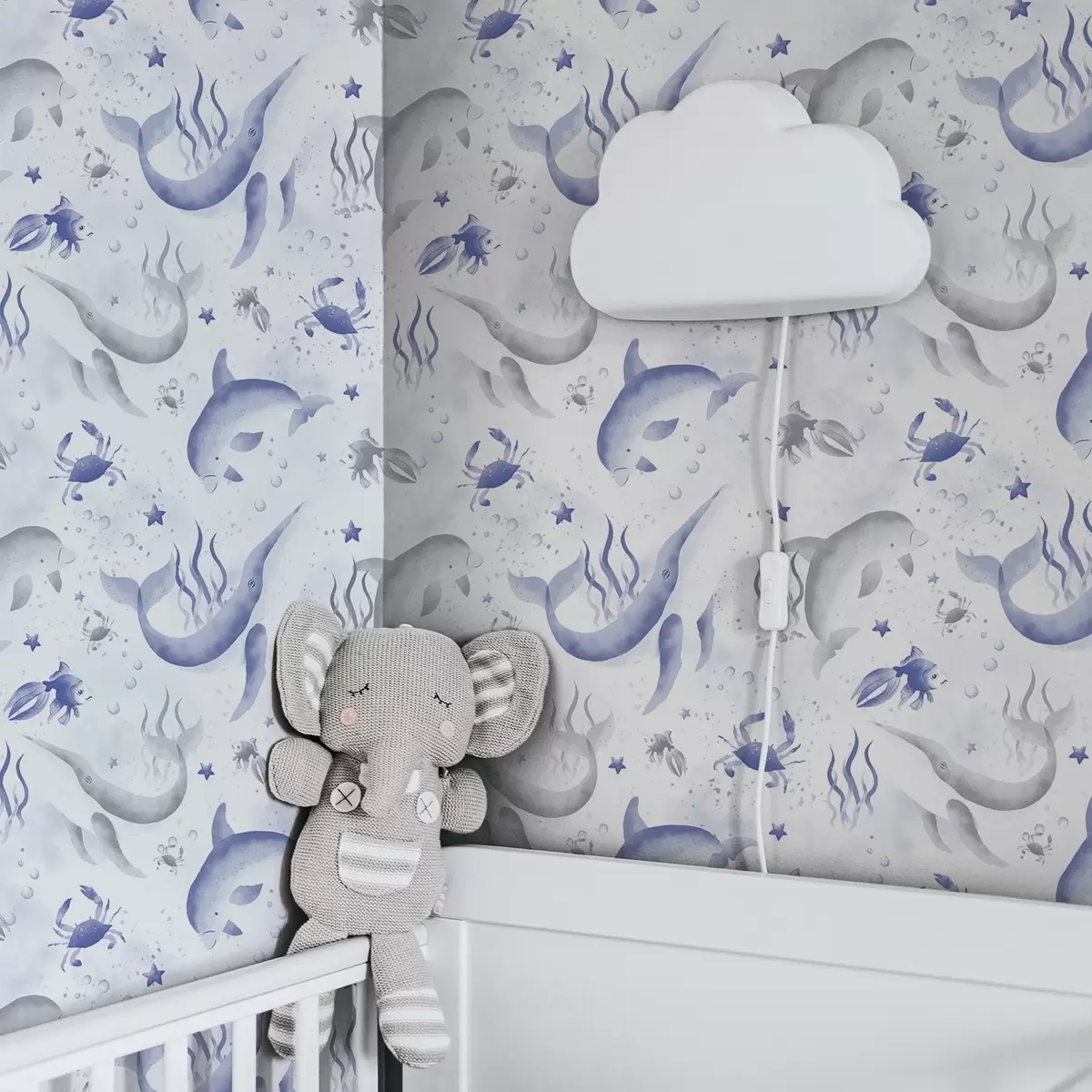 Tapeet Sinistes toonides merevaalad ja delfiinid valgel taustal a00720v1