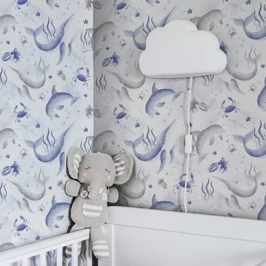 Fototapeedid Sinistes toonides merevaalad ja delfiinid valgel taustal a00720v1