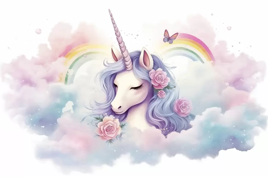 Fototapeedid Pastellne ükssarvik pilvedes koos vikerkaarega ja roosidega w03990