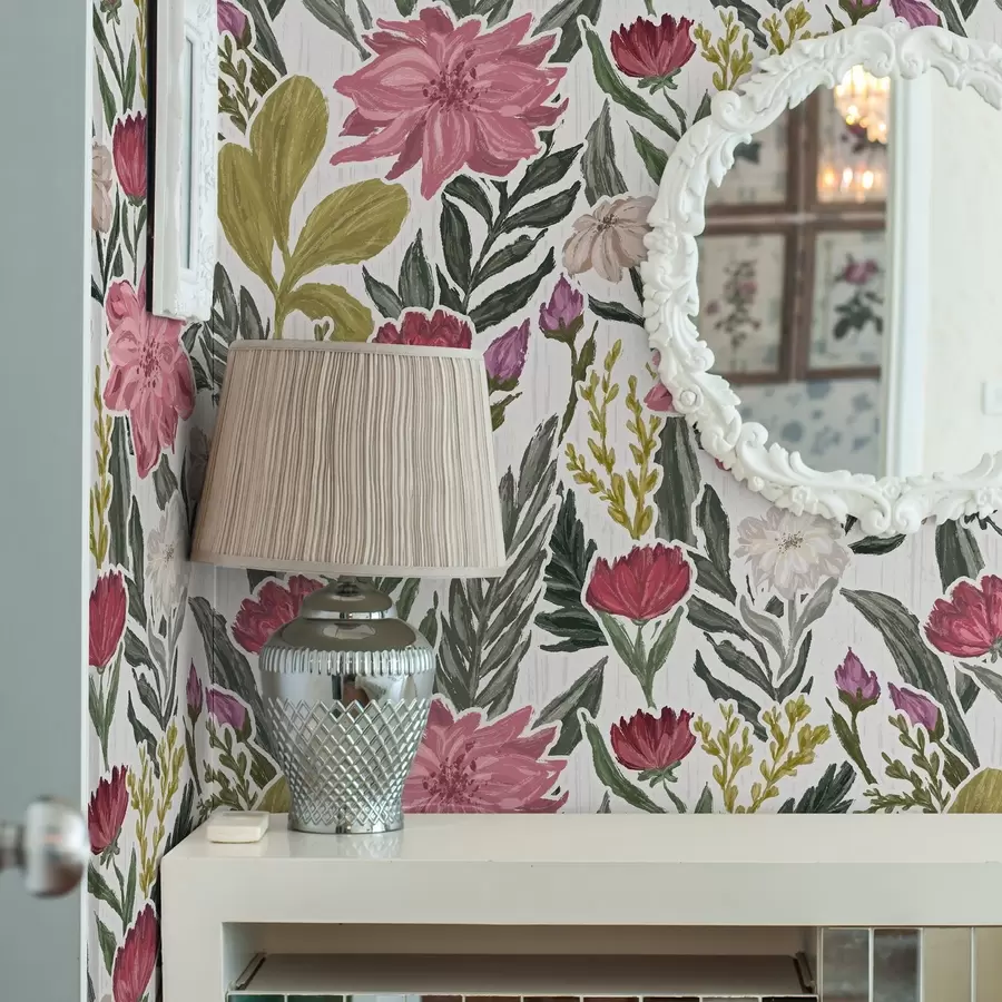 Fototapeedid Lopsakad roosad ja kreemikad lilled valgel taustal, impasto tekstuur a00629v1