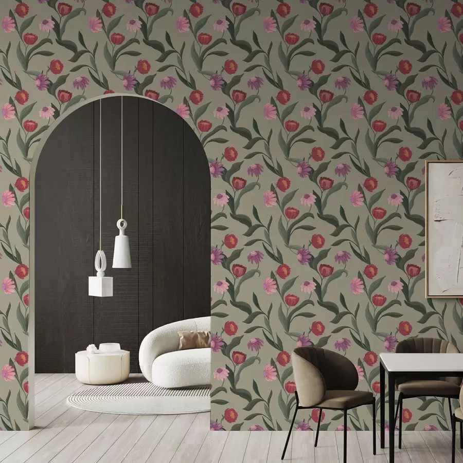 Fototapeedid Roosa-punased lilled oliivirohelisel taustal, lõuenditekstuur a00631v1