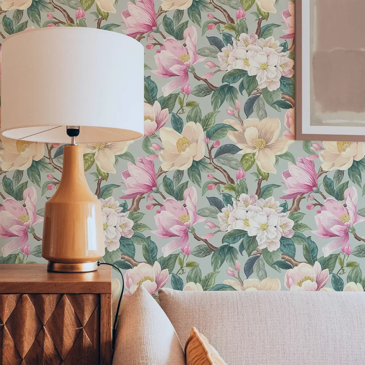 Tapeet Magnoliad ja valged õied mintsinisel taustal a00644