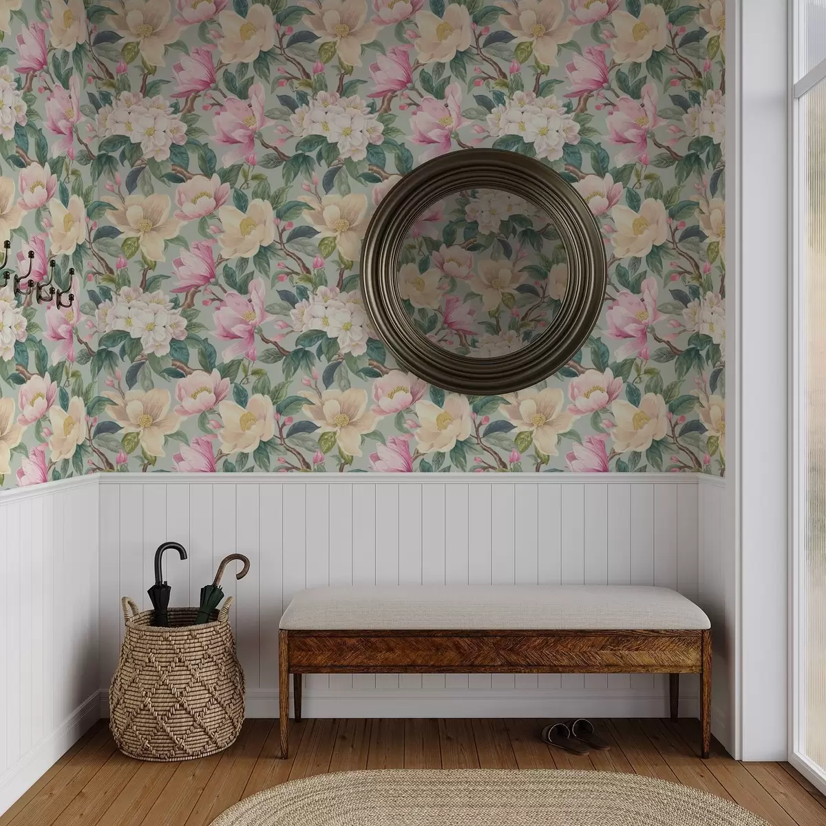 Tapeet Magnoliad ja valged õied mintsinisel taustal a00644