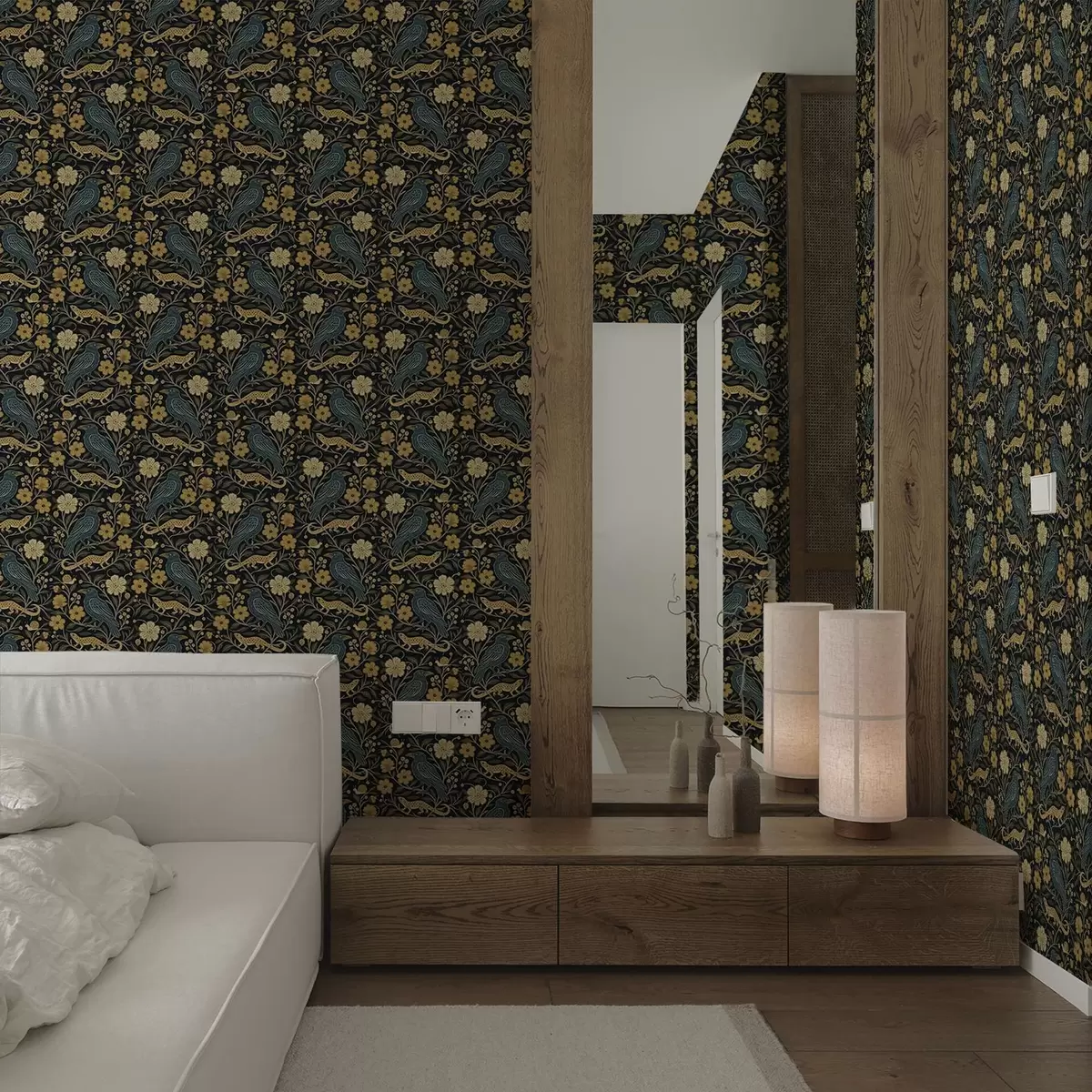 Tapeet Linnud, sisalikud ja teod lillede seas tumedal taustal a00691