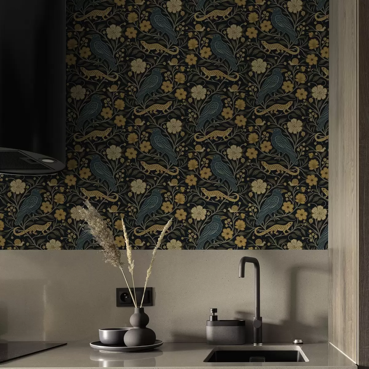 Tapeet Linnud, sisalikud ja teod lillede seas tumedal taustal a00691