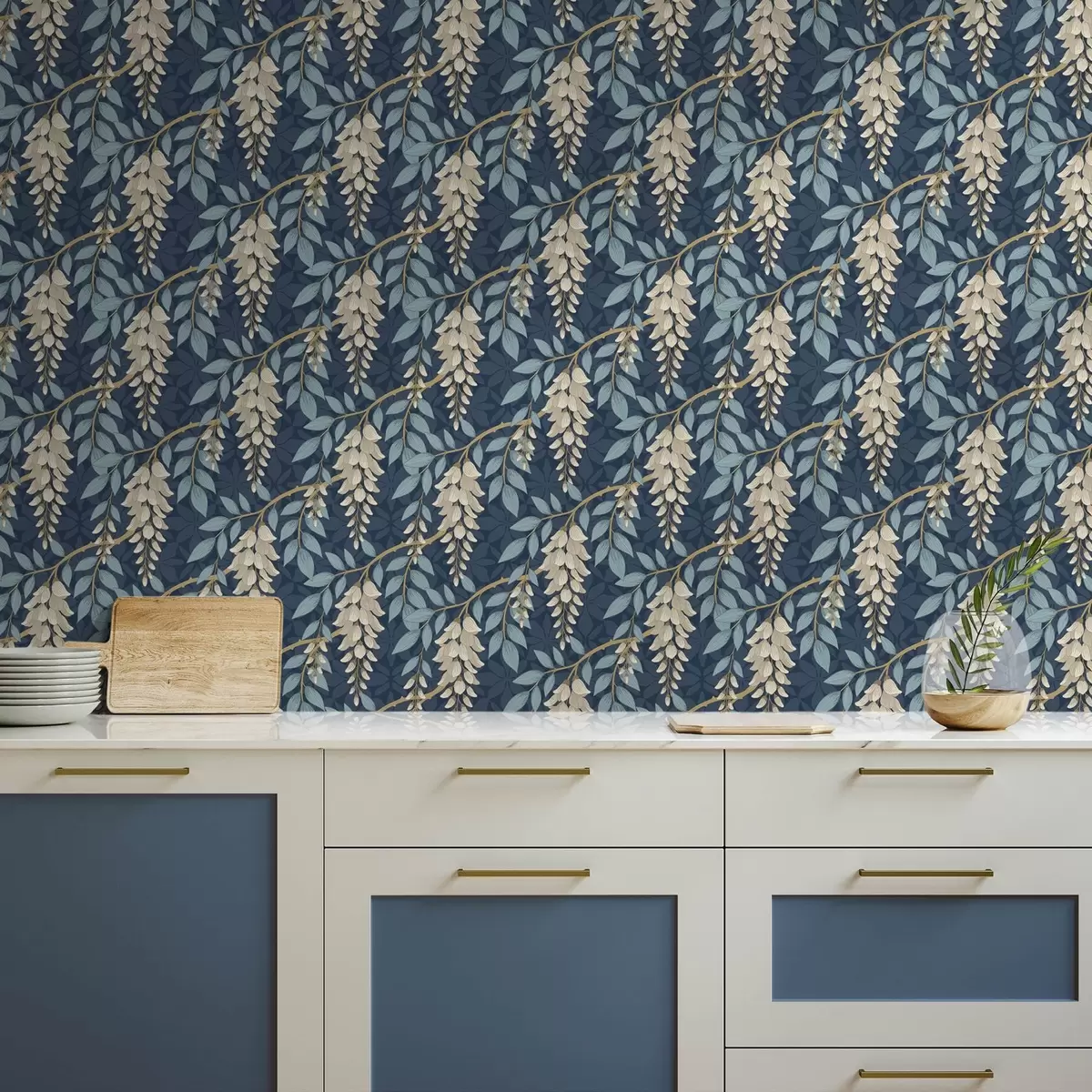 Tapeet Siniste lehtedega sinilill tumesinisel taustal a00694v2