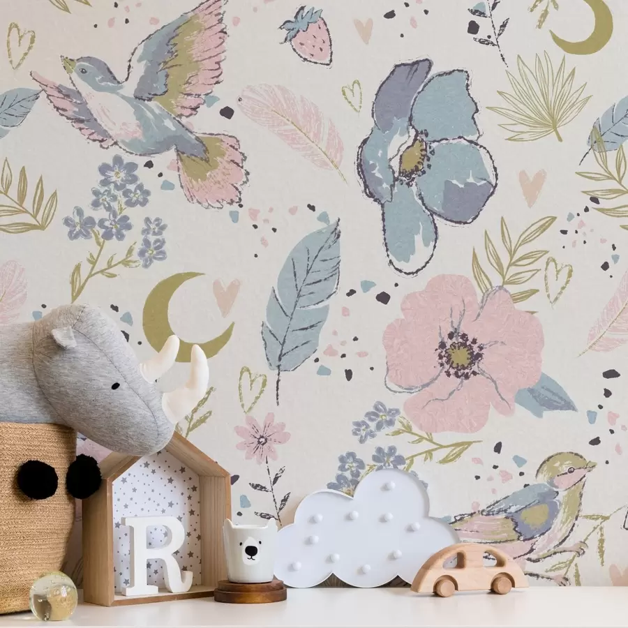 Fototapeedid Pastellvärvides linnud ja lilled koos poolkuudega valgel taustal a00721